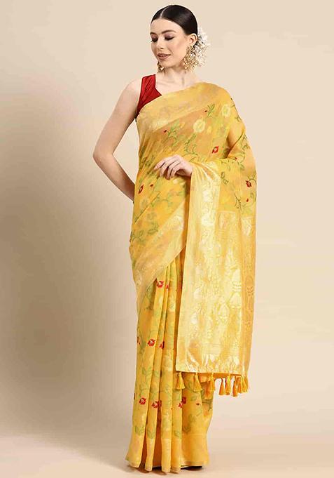 Yellow Floral Thread Embellished Pure Cotton Saree Set