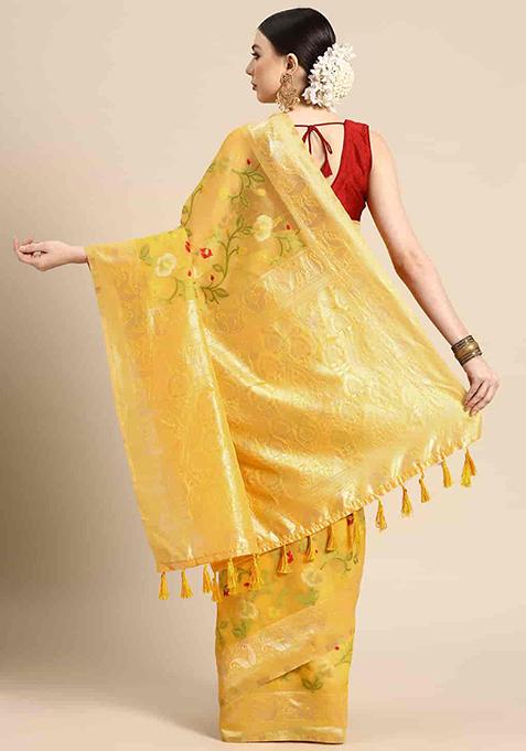 Yellow Floral Thread Embellished Pure Cotton Saree Set