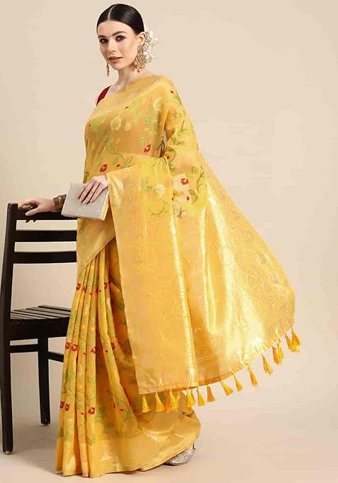 Yellow Floral Thread Embellished Pure Cotton Saree Set