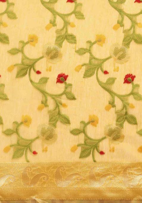 Yellow Floral Thread Embellished Pure Cotton Saree Set