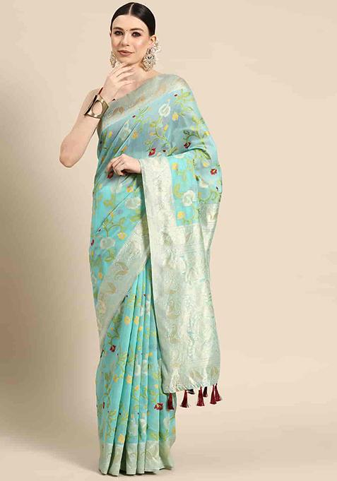 Turquoise Floral Thread Embellished Pure Cotton Saree Set
