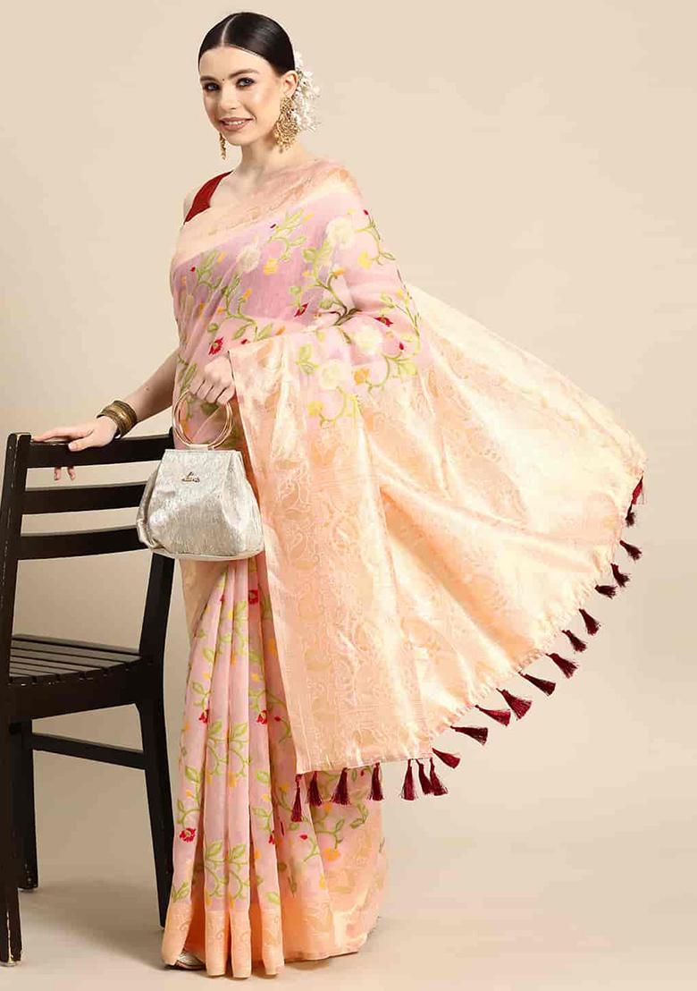 Light Pink Floral Thread Embellished Pure Cotton Saree Set