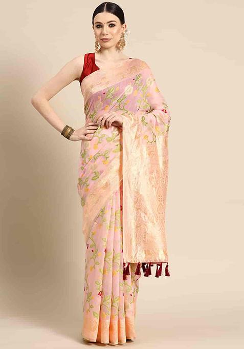 Light Pink Floral Thread Embellished Pure Cotton Saree Set