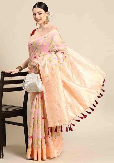 Light Pink Floral Thread Embellished Pure Cotton Saree Set