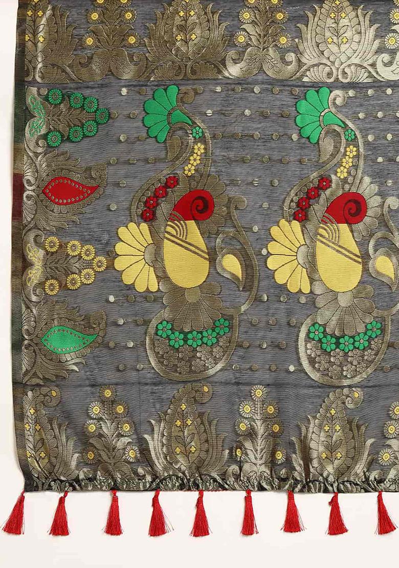 Black Floral Thread Embellished Pure Cotton Saree Set