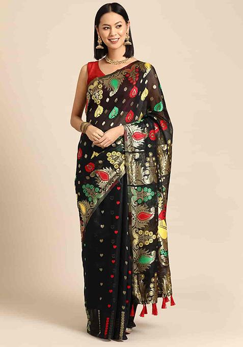 Black Floral Thread Embellished Pure Cotton Saree Set