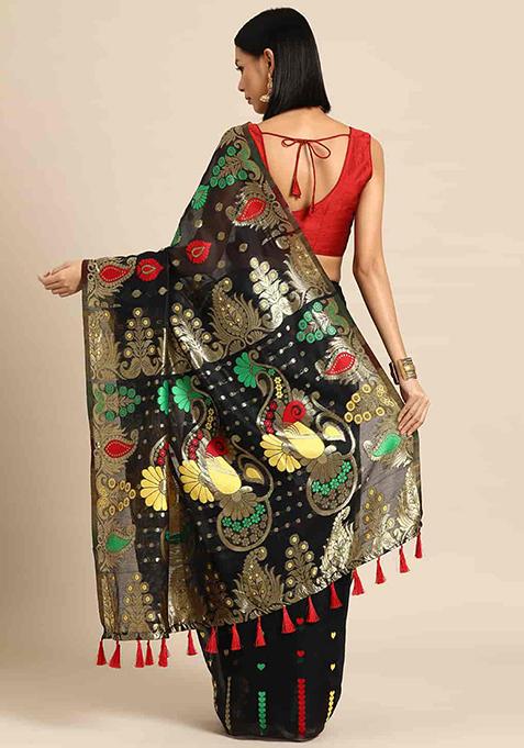 Black Floral Thread Embellished Pure Cotton Saree Set