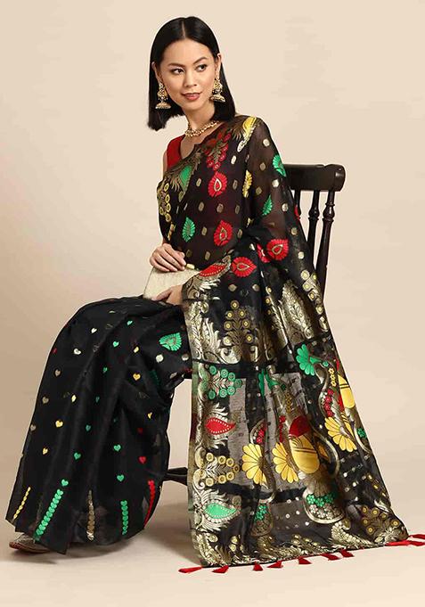 Black Floral Thread Embellished Pure Cotton Saree Set