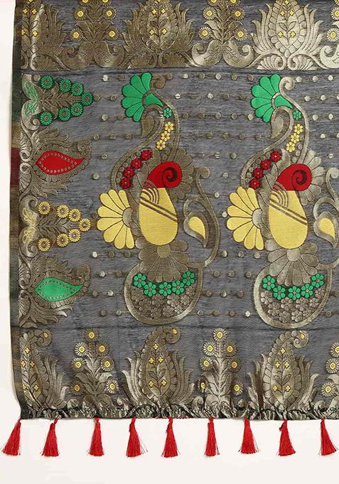 Black Floral Thread Embellished Pure Cotton Saree Set