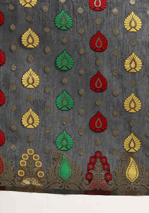 Black Floral Thread Embellished Pure Cotton Saree Set