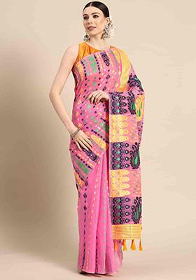 Pink Floral Thread Embellished Pure Cotton Saree Set