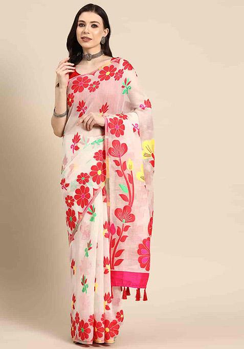 Off White Floral Thread Embellished Pure Cotton Saree Set