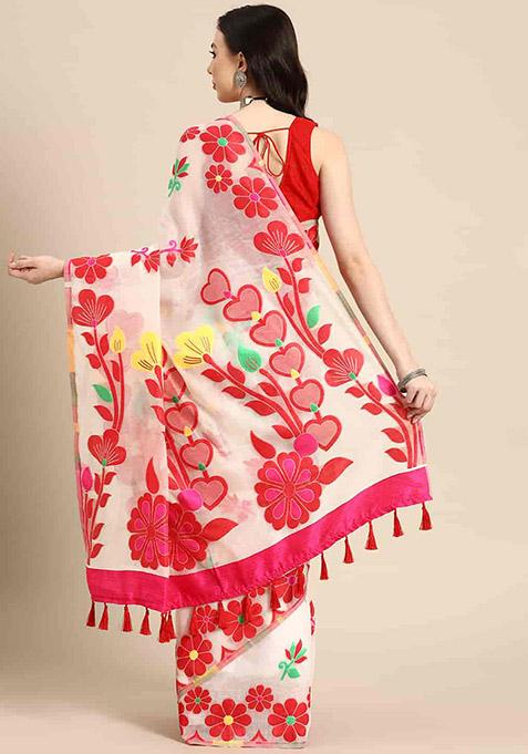 Off White Floral Thread Embellished Pure Cotton Saree Set