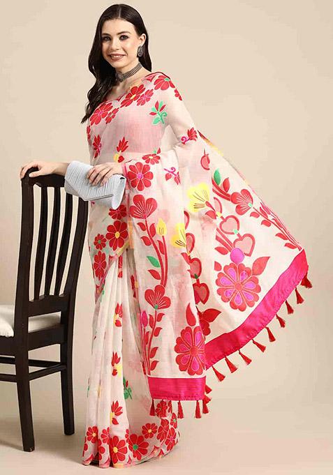 Off White Floral Thread Embellished Pure Cotton Saree Set