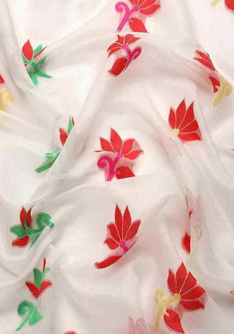 Off White Floral Thread Embellished Pure Cotton Saree Set