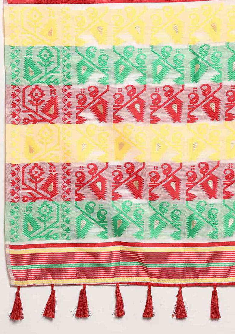 Off White Thread Embellished Pure Cotton Saree Set