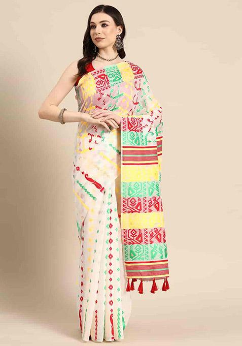 Off White Thread Embellished Pure Cotton Saree Set