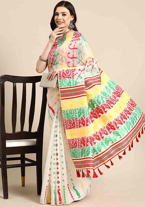 Off White Thread Embellished Pure Cotton Saree Set