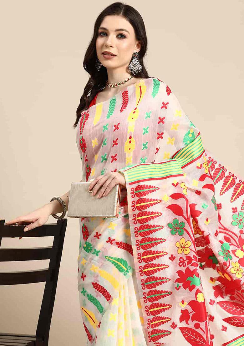 Off White Thread Embroidered Pure Cotton Saree Set