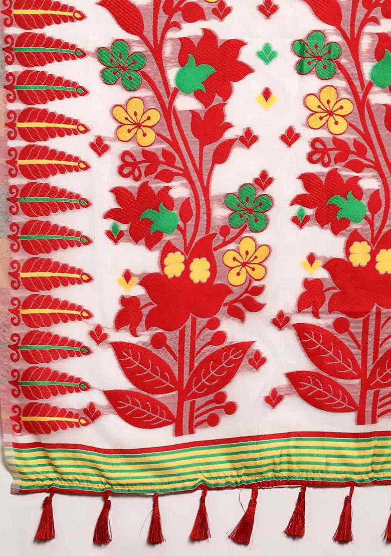 Off White Thread Embroidered Pure Cotton Saree Set