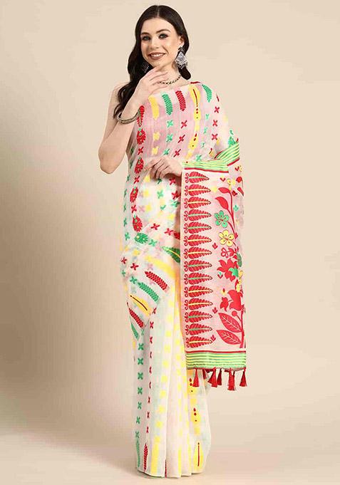 Off White Thread Embroidered Pure Cotton Saree Set