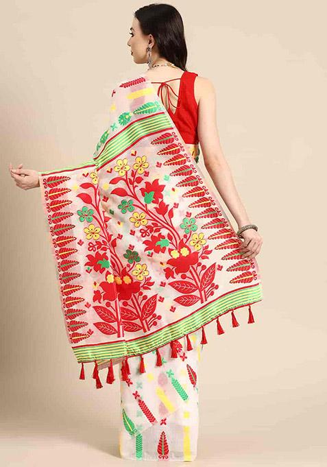 Off White Thread Embroidered Pure Cotton Saree Set
