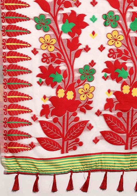 Off White Thread Embroidered Pure Cotton Saree Set