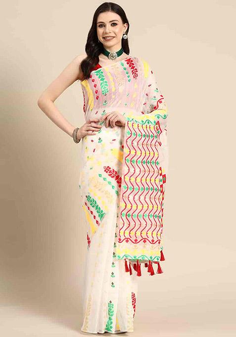 Off White Printed Pure Cotton Dhakai Jamdani Saree Set