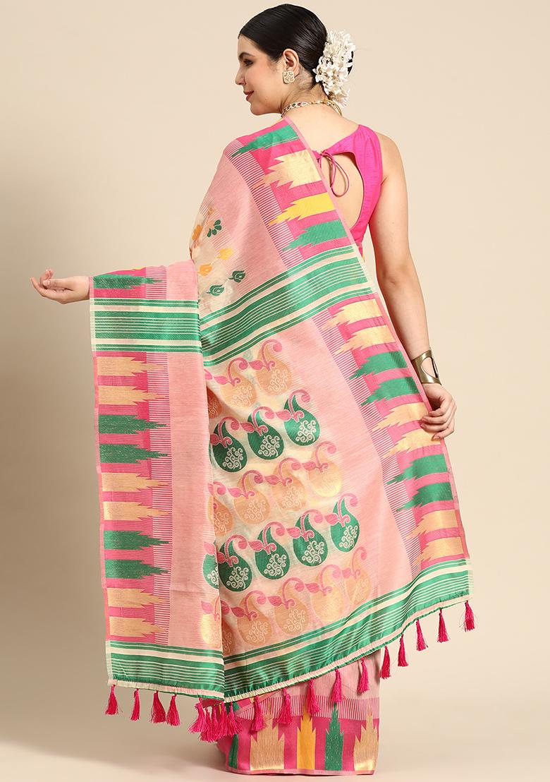 Pink Printed Pure Cotton Jamdani Saree Set