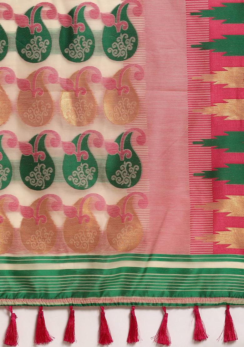 Pink Printed Pure Cotton Jamdani Saree Set