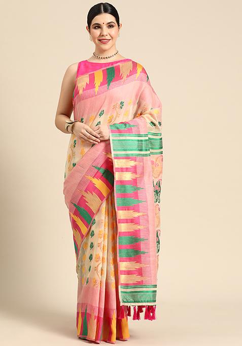 Pink Printed Pure Cotton Jamdani Saree Set