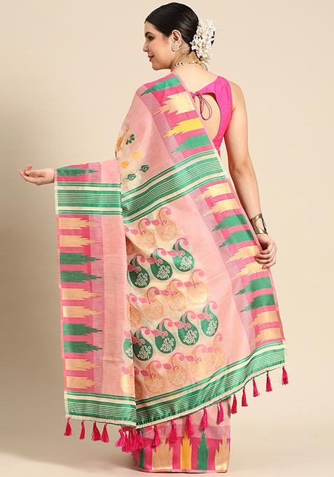Pink Printed Pure Cotton Jamdani Saree Set