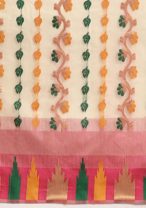 Pink Printed Pure Cotton Jamdani Saree Set