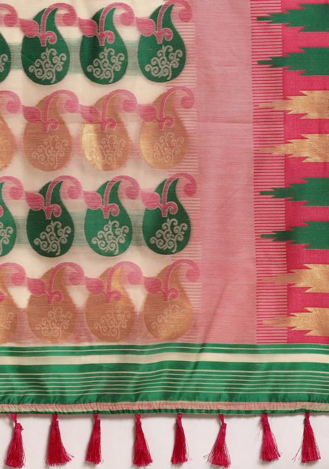 Pink Printed Pure Cotton Jamdani Saree Set