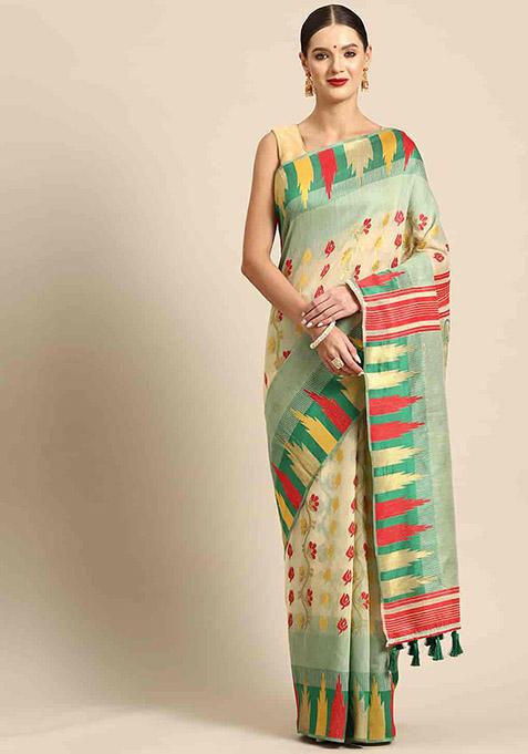 Green Printed Pure Cotton Jamdani Saree Set