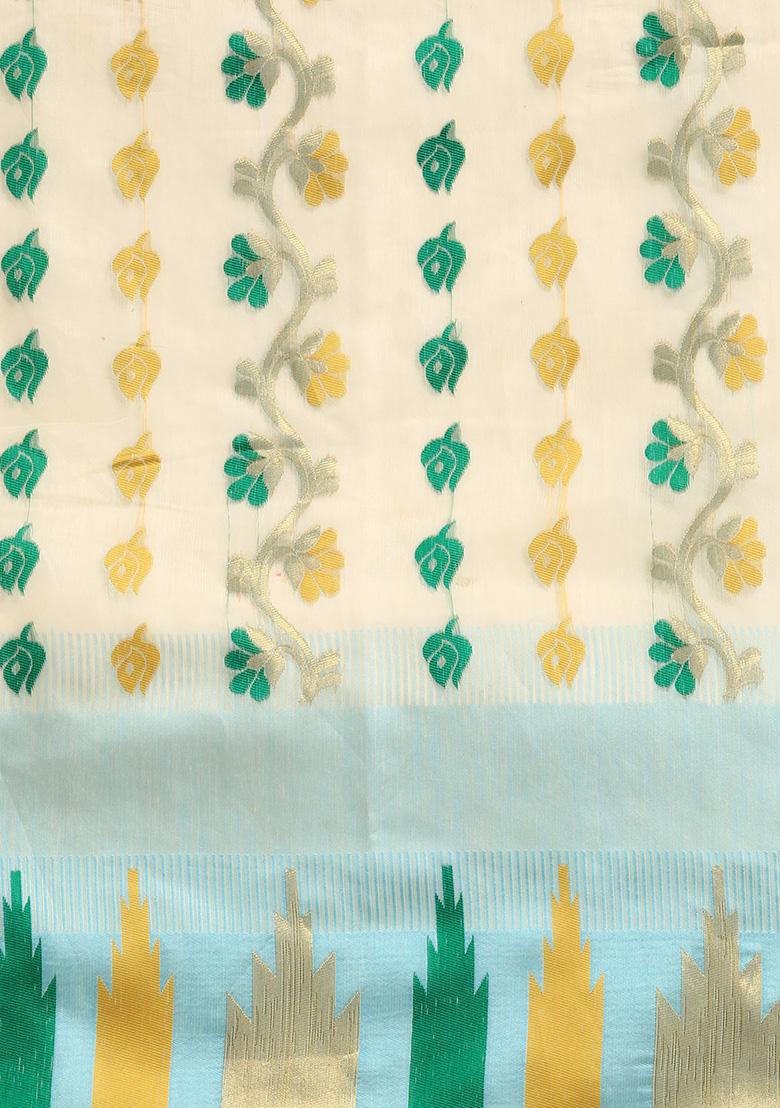 Blue Printed Pure Cotton Jamdani Saree Set