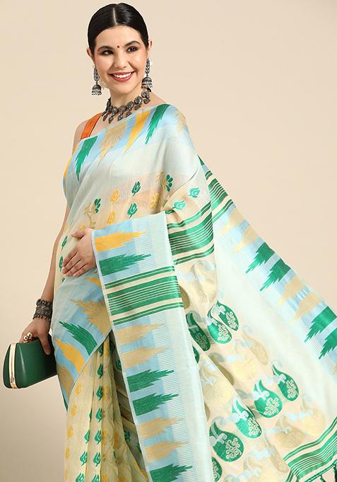 Blue Printed Pure Cotton Jamdani Saree Set
