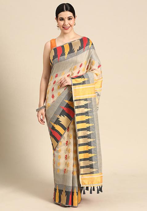 Grey Printed Pure Cotton Jamdani Saree Set