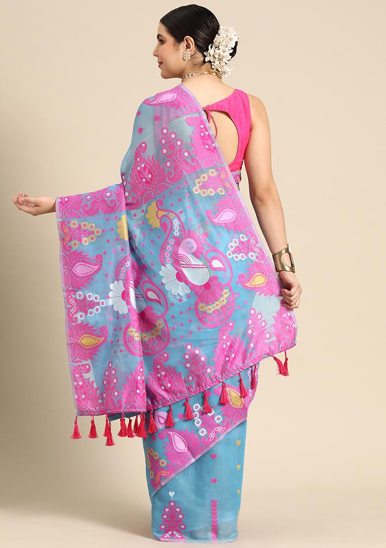 Blue Printed Jamdani Cotton Saree Set