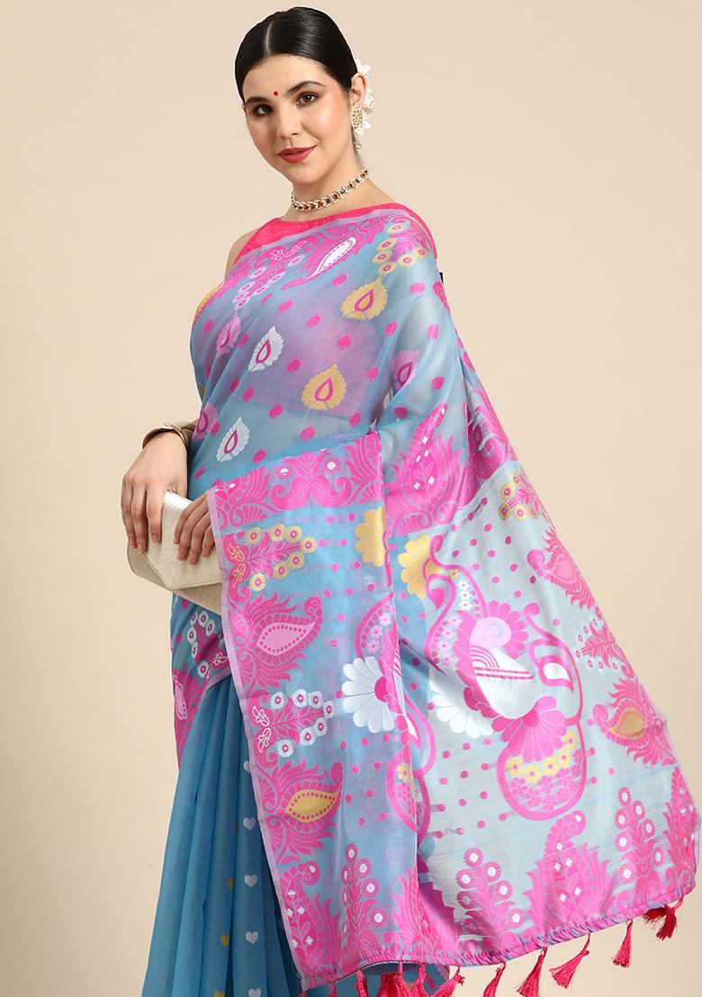 Blue Printed Jamdani Cotton Saree Set