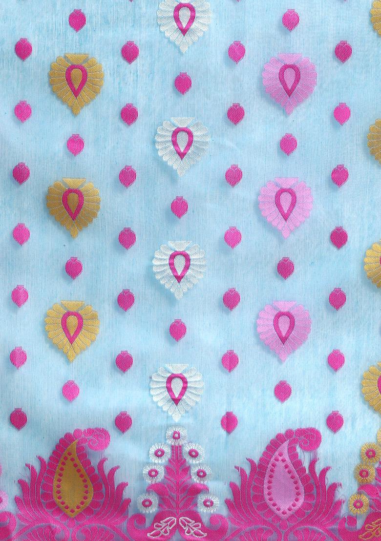 Blue Printed Jamdani Cotton Saree Set