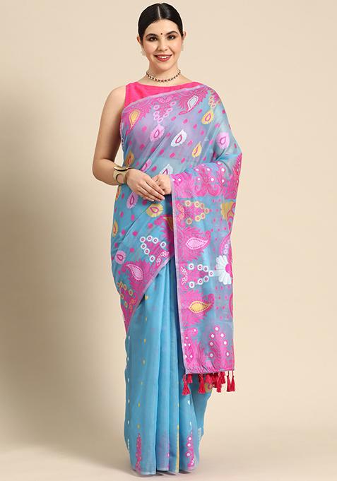 Blue Printed Jamdani Cotton Saree Set