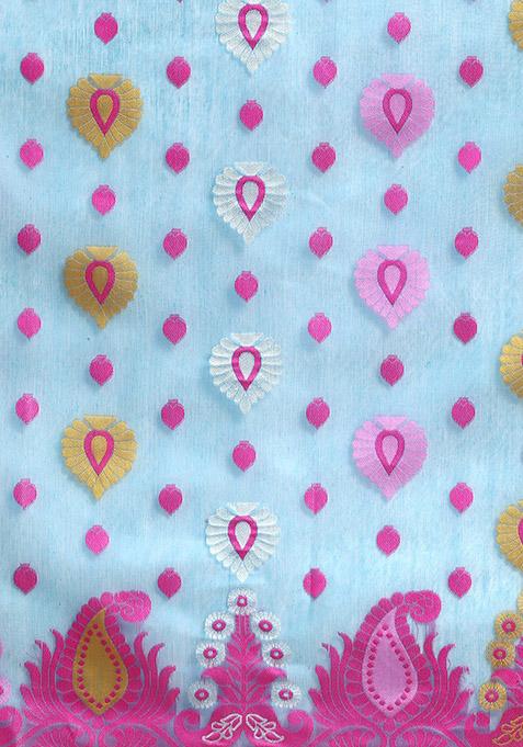 Blue Printed Jamdani Cotton Saree Set