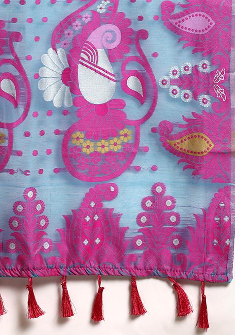 Blue Printed Jamdani Cotton Saree Set