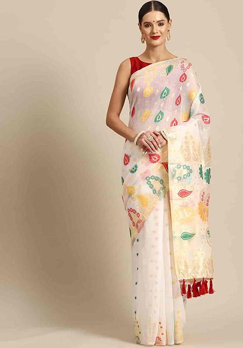 White Printed Jamdani Cotton Saree Set