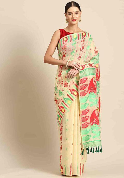 Beige Printed Jamdani Cotton Saree Set