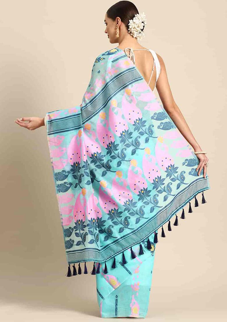 Turquoise Printed Jamdani Cotton Saree Set