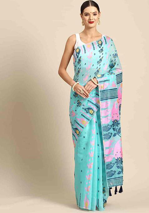 Turquoise Printed Jamdani Cotton Saree Set