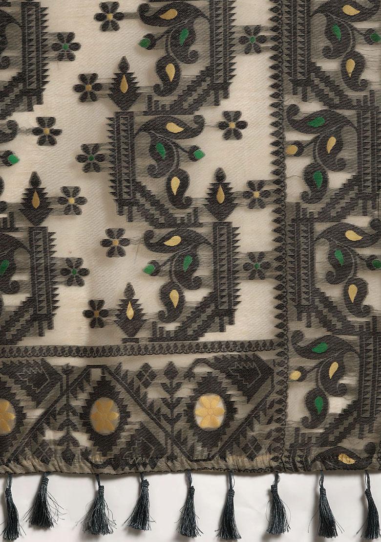 Black Printed Jamdani Cotton Saree Set