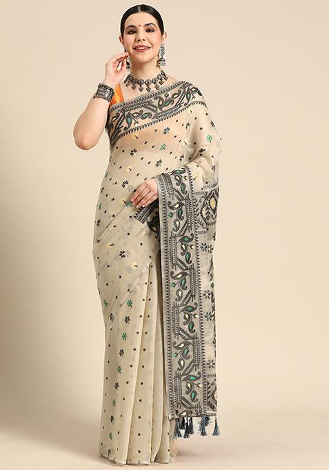 Black Printed Jamdani Cotton Saree Set